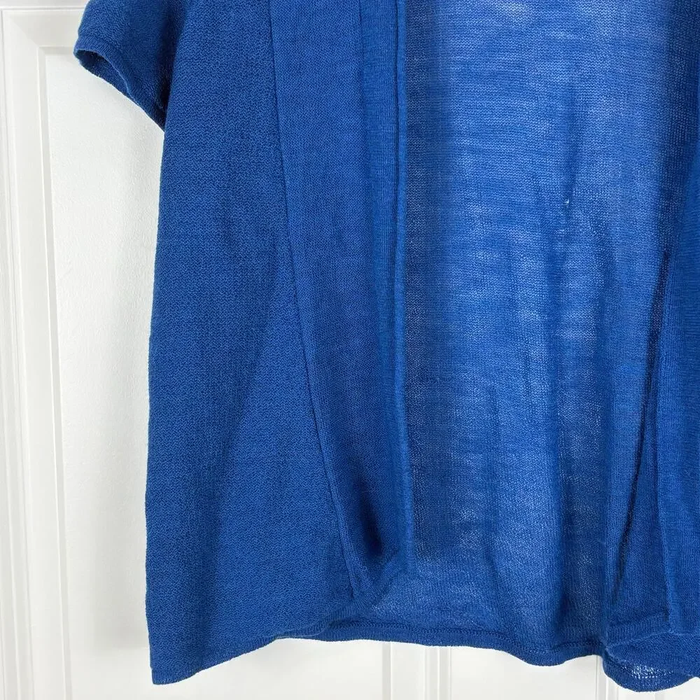 Eileen Fisher Wool Short Sleeve Cardigan Blue Quiet Luxury Office Women's Medium